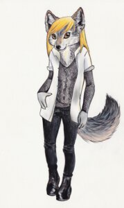 Rating: Safe Score: 0 Tags: 4_fingers anthro biped black_nose blonde_hair boots bottomwear brown_eyes canid canine canis claws clothed clothing e621 fang_san fingers fishnet_clothing footwear front_view fur grey_body grey_fur hair hand_on_hip looking_at_viewer male mammal pants partially_clothed rolled_up_sleeves shirt shoes simple_background smile solo solus spera standing tail topwear white_background white_body white_fur wolf User: bunchy7s