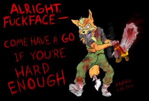 Rating: Questionable Score: 0 Tags: angry anthro blood bodily_fluids canid canine chainsaw e621 english_text fox fox_mccloud fredryk_phox gore insane male mammal nintendo power_tool profanity rape_face solo star_fox tail text tools weapon User: bunchy7s