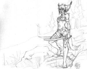Rating: Safe Score: 0 Tags: 2010 5_toes barefoot black_and_white bottomwear breakbot claws clothed clothing e621 ear_piercing ear_tuft erin_english feet felid female frown fur graphite_(artwork) hair hill humanoid looking_at_viewer mammal melee_weapon midriff monochrome outcrop outside pancheir piercing plant rock shorts simple_background sketch solo standing sword tail toe_claws toes tomboy torn_clothing traditional_media_(artwork) tree tuft weapon white_background User: bunchy7s