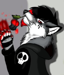 Rating: Safe Score: 0 Tags: 5_fingers anthro black_hair black_nose blood blood_on_hand blood_on_wall bodily_fluids canid canine canis claws clothed clothing e621 facial_piercing fangs fingerless_gloves fingers flower fur gloves grey_body grey_fur hair hair_over_eye handwear holding_flower holding_object hoodie lip_piercing looking_aside looking_at_viewer makeup male mammal mascara mouth_hold one_eye_obstructed piercing plant red_eyes red_hair rose_(flower) running_makeup running_mascara short_hair side_view smile solo teeth topwear unknown_artist white_body white_fur wolf User: bunchy7s