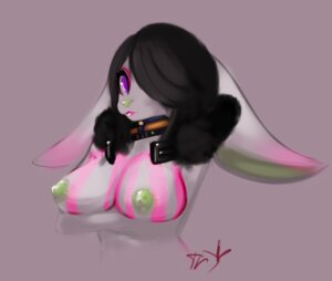 Rating: Questionable Score: 0 Tags: anthro black_hair breasts collar crossed_arms e621 female fur grey_body grey_fur hair lagomorph leporid lipstick looking_at_viewer makeup mammal nipples rabbit relynia solo stripes telivesion User: bunchy7s