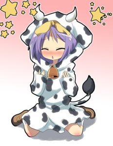 Rating: Safe Score: 0 Tags: animal_costume animal_print bell blush clothed clothing costume cow_costume cow_print e621 eyes_closed fake_tail female fursuit gradient_background grandfathered_content hair horn human kneeling lucky_star mammal not_furry_wearing_fursuit purple_hair short_hair simple_background solo tail tsukasa_hiiragi unknown_artist User: bunchy7s
