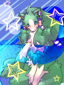 Rating: Safe Score: 0 Tags: 3:4 ambiguous_gender anthro bell blue_eyes e621 fur green_body green_fur handymonsters hi_res kosian solo star User: bunchy7s