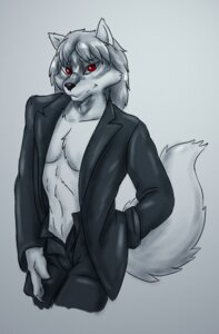 Rating: Questionable Score: 0 Tags: anthro biped black_nose bleakcat canid canine cheek_tuft chest_tuft claws clothed clothing e621 facial_tuft fluffy fluffy_tail fur grey_background grey_body grey_fur grey_hair hair looking_at_viewer male mammal neck_tuft red_eyes simple_background solo tail tail_tuft tuft User: bunchy7s