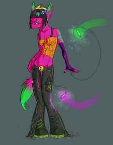 Rating: Safe Score: 0 Tags: alternative_fashion anthro bell-bottoms biped bondage_pants bottomwear canid canine chelsea_hair_cut clothing cybergoth e621 female glamfur glowstick glowsticking glowstringing goth mammal pants pink_body pink_skin rave raver silvercoils simple_background solo sparklefur standing tail User: bunchy7s