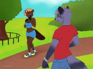 Rating: Safe Score: 0 Tags: 2012 anthro beaver blonde_hair blue_eyes blush bottomwear breasts brooke_marlow brown_body brown_fur brown_nose clock clothed clothing cloud denim denim_bottomwear denim_clothing detailed_background duo e621 eye_contact female footwear fur grass grey_body grey_fur grey_hair hair jeans keenan_vale looking_at_another mammal navel outside pants park plant procyonid raccoon red_eyes rodent shirt shoes short_hair shrub sky smile standing tail tazara topwear tree watch wood User: bunchy7s