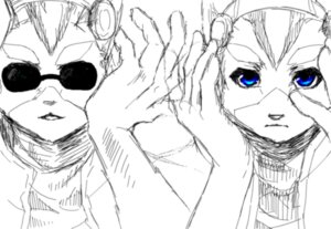 Rating: Safe Score: 0 Tags: anthro blue_eyes canid canine duo e621 eyewear fox fox_mccloud glasses green_eyes hemo james_mccloud looking_at_viewer male mammal monochrome nintendo parody simple_background sketch star_fox white_background User: bunchy7s