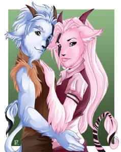 Rating: Safe Score: 0 Tags: anthro black_nose blue_body blue_fur blue_hair bovid caprine clothed clothing duo e621 female fur goat green_background green_eyes hair horn lobby_lane long_hair looking_at_viewer male male/female mammal markings pink_body pink_eyes pink_fur pink_hair romantic romantic_couple simple_background standing striped_markings striped_tail stripes tail tail_markings white_background User: bunchy7s