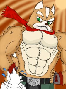 Rating: Safe Score: 0 Tags: 3:4 abs anthro biceps bulge canid canine clothed clothing duo e621 fox fox_mccloud green_eyes hi_res male mammal muscleartguy muscular nintendo scarf size_difference smile smirk star_fox User: bunchy7s