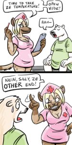 Rating: Questionable Score: 0 Tags: 1:2 accent anthro archived_source bear blonde_hair bodily_fluids breasts brown_body brown_fur cleavage clipboard clothed clothing dialogue digital_media_(artwork) dual_holding duo e621 english_text examination examination_table female fur furniture german gesture hair hand_on_hip hat headgear headwear holding_clipboard holding_object holding_thermometer hospital_gown hyena linked_speech_bubble male mammal medical medical_examination medical_instrument medical_thermometer motion_lines nurse nurse_clothing nurse_hat nurse_headwear nurse_uniform nurse_verity on_table one_eye_closed patient polar_bear polygonal_speech_bubble ragnarok_(character) rape_face rectal_thermometer red_cross scared scientific_instrument shocked sitting source_request speech_bubble spotted_hyena sweat sweatdrop table tail text thermometer unavailable_at_source uniform unknown_artist unprofessional_behavior ursine weather_instrument wink User: bunchy7s