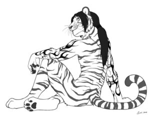 Rating: Questionable Score: 0 Tags: 2008 4_toes 5_fingers accessory anthro biped butt e621 exuli feet felid fingers greyscale hair hair_accessory hair_tie long_hair looking_aside looking_at_viewer male mammal monochrome nude pantherine ponytail simple_background sitting smile solo stripes tail tattoo tiger toes whiskers white_background User: bunchy7s