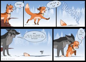 Rating: Safe Score: 0 Tags: 2013 bell blush canid canine canis collar comic dialogue digitigrade dipstick_tail djakuma duo e621 english_text eyes_closed female feral fox fur grey_body grey_fur heart_symbol male mammal markings musical_note musical_symbol outside quadruped red_fox rukifox snow symbol tail tail_markings text true_fox winter wolf User: bunchy7s