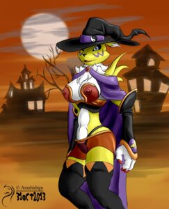 Rating: Questionable Score: 0 Tags: anthro arashidrgn areola bandai_namco black_sclera blue_eyes breasts canid canine clothing costume digimon digimon_(species) e621 female fur halloween hat headgear headwear hi_res holidays magic_user mammal nipple_analogue nipple_outline nipples renamon solo white_body white_fur witch witch_hat yellow_body yellow_fur User: bunchy7s