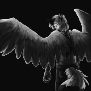 Rating: Safe Score: 0 Tags: 1:1 ambiguous_gender anthro canid canine canis e621 feathered_wings feathers hi_res mammal monochrome raphial runicnature simple_background solo wings wolf User: bunchy7s