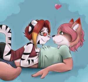 Rating: Questionable Score: 0 Tags: anthro breast_fondling breast_play breast_squish breasts canid canine clothed clothing cranberrytea duo e621 eye_contact eyewear felid female female/female fondling fox fur glasses green_eyes hair hand_on_breast hand_under_shirt heart_symbol inner_ear_fluff interspecies looking_at_another lying mammal midriff multicolored_hair on_back on_front pantherine pink_hair pinko pinko_(character) raised_tail romantic romantic_couple simple_background smile squish striped_body striped_fur stripes tail tiger tongue tongue_out tuft yellow_eyes User: bunchy7s