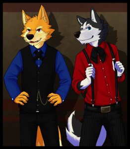 Rating: Safe Score: 0 Tags: 5_fingers anthro belt black_body black_border black_bottomwear black_clothing black_fur black_nose black_topwear blue_clothing blue_eyes blue_topwear border bottomwear bow_(feature) bow_tie canid canine canis chain claws clothed clothing collared_shirt dipstick_tail dress_shirt duo e621 fingers fox front_view fully_clothed fur gloves_(marking) hands_on_hips lobotalow looking_at_viewer male mammal markings multicolored_tail open_mouth open_smile orange_body orange_fur pants red_clothing red_eyes red_topwear shirt smile standing suspenders tail tail_markings topwear vest white_body white_fur wolf User: bunchy7s
