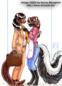 Rating: Safe Score: 0 Tags: 2005 accessory anthro apron caring clothing duo e621 female kacey low_res male mammal mephitid mustelid necktie otter romantic romantic_couple skunk suit tail text url User: bunchy7s