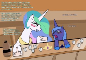 Rating: Safe Score: 0 Tags: alcohol bar beverage blue_hair blush comic donovon2001 drunk duo e621 english_text equid equine female feral friendship_is_magic hair hasbro horn horse mammal multicolored_hair my_little_pony mythological_creature mythological_equine mythology pony princess_celestia_(mlp) princess_luna_(mlp) profanity rainbow_hair substance_intoxication text unicorn User: bunchy7s
