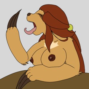 Rating: Questionable Score: 0 Tags: 1:1 big_breasts breasts claws clothed clothing e621 female mammal nada nipples open_mouth pilosan sloth solo tartaurus tongue topless xenarthran yawn User: bunchy7s