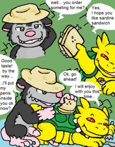 Rating: Explicit Score: 0 Tags: american_opossum anthro bamga clothing comic dialogue duo e621 eating english_text erection food fur gaius_(argon_vile) genitals grey_body grey_fur guil_bunny_(artist) hat headgear headwear interspecies male male/male mammal marsupial multiple_scenes penis red_eyes reptile sandwich_(food) scalie tail text turtle virginia_opossum wereturtle yellow_body User: bunchy7s