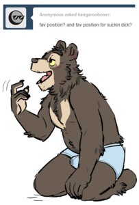 Rating: Questionable Score: 0 Tags: anthro artdecade bear biped blue_clothing blue_underwear blush briefs bulge clothing e621 english_text inviting kneeling male mammal sloth_bear solo text tumblr underwear ursine willy_(artdecade) User: bunchy7s
