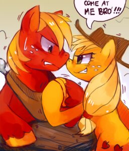 Rating: Safe Score: 0 Tags: 2012 angry applejack_(mlp) big_macintosh_(mlp) blonde_hair bodily_fluids brother_(lore) clothing come_at_me_bro cowboy_hat cutie_mark duo e621 earth_pony english_text equid equine exclamation_point eye_contact female feral freckles friendship_is_magic fur green_eyes hair hasbro hat headgear headwear horse long_hair looking_at_another male mammal my_little_pony orange_body orange_fur plow_yoke pony red_body red_fur shaking short_hair sibling_(lore) simple_background sister_(lore) smile suizilla sweat text trembling User: bunchy7s