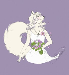 Rating: Safe Score: 0 Tags: airlia anthro arctic_fox arm_tattoo belsevuka bouquet canid canine clothing crescent_moon dress e621 female flower fox grey_eyes jewelry looking_away mammal moon necklace petals plant purple_background simple_background solo tail tattoo true_fox white_body white_clothing white_dress User: bunchy7s