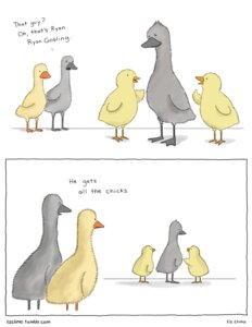Rating: Safe Score: 0 Tags: anatid anseriform anserine avian beak bird chicken comic dialogue e621 english_text female galliform goose group hi_res humor liz_climo male phasianid ryan_gosling simple_background text url white_background User: bunchy7s