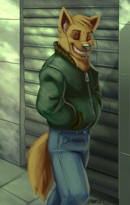 Rating: Safe Score: 0 Tags: anthro brown_body brown_fur canid canine charco clothing e621 earbuds electronics eyes_closed fur grin headphones hi_res male mammal smile solo tail zipper User: bunchy7s