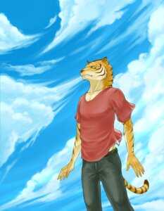 Rating: Safe Score: 0 Tags: anthro bottomwear clothed clothing cloud e621 felid fully_clothed male mammal outside pantherine pants shirt sky sky_gomi skyscape solo stripes tail tiger topwear User: bunchy7s