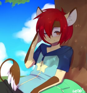Rating: Safe Score: 0 Tags: anthro clothing e621 hair long_tail male nedoiko outside plant red_hair sagita solo tail tree wood User: bunchy7s