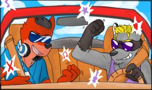 Rating: Safe Score: 0 Tags: anthro canid canine canis car carper_(vasuki) clothing dog_tags donut_(character) duo e621 electronics eyewear genchi headphones inside_car inside_vehicle low_res male mammal music procyonid raccoon shirt sunglasses tank_top topwear vasuki vehicle wolf User: bunchy7s