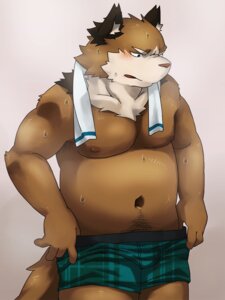 Rating: Questionable Score: 0 Tags: 5_fingers anthro biceps blue_eyes blush blush_lines bodily_fluids bottomwear brown_body brown_fur canid canine clothing deep_navel e621 fingers fur hands_on_underwear male mammal muscular muscular_anthro muscular_male navel neck_floof ni_ki nikiciy nipples overweight overweight_anthro overweight_male pubes raccoon_dog shorts slightly_chubby solo sweat tail tanuki towel towel_around_neck undressing User: bunchy7s