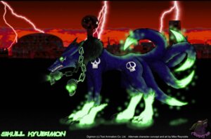 Rating: Safe Score: 0 Tags: alternate_color anaktis bandai_namco bone canid canine digimon digimon_(species) e621 electricity english_text fan_character female feral kyubimon lightning mammal multi_tail outside skull skullrenamon snarling solo tail text y2k_(graphic_design) User: bunchy7s