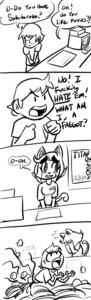 Rating: Safe Score: 0 Tags: absurd_res anthro comic domestic_cat duo e621 english_text felid feline felis female food hi_res human male mammal monochrome pasta spaghetti text unknown_artist User: bunchy7s