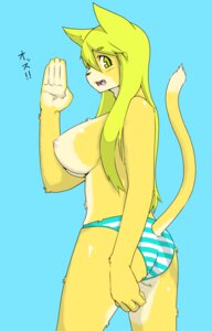 Rating: Questionable Score: 0 Tags: amad_no_moto anthro blonde_hair breasts clothed clothing domestic_cat e621 felid feline felis female fur gesture hair japanese_text mammal nipples salute solo tail text topless underwear yellow_body yellow_fur User: bunchy7s