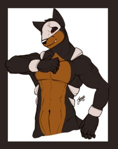 Rating: Safe Score: 0 Tags: abs anthro anthrofied athletic biceps big_muscles biped black_body black_fur black_nose bracelet brown_body brown_fur canid canine clothed clothing e621 fangs feralise fur generation_2_pokemon grin houndour jewelry looking_at_viewer male mammal muscular muscular_anthro muscular_male nintendo pecs pokemon pokemon_(species) pose red_eyes simple_background smile solo standing teeth topless User: bunchy7s