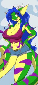 Rating: Safe Score: 0 Tags: 2013 anthro big_breasts blue_hair blush bottomwear breasts cleavage clothed clothing countershading e621 female flower gecko geecku green_body green_skin hair hi_res las_lindas lizard long_hair looking_at_viewer mastergodai non-mammal_breasts open_mouth plant purple_body purple_skin purple_stripes reptile scalie shirt shorts smile solo stripes thick_thighs topwear wide_hips yellow_body yellow_eyes yellow_skin User: bunchy7s