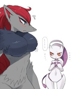 Rating: Safe Score: 0 Tags: agemono anthro blush breast_envy breasts canid canine chest_tuft duo e621 ellipsis female fur generation_5_pokemon generation_6_pokemon hair jealous legendary_pokemon mammal mega_evolution mega_mewtwo mega_mewtwo_y nintendo nude pokemon pokemon_(species) question_mark red_hair simple_background tuft white_background zoroark User: bunchy7s