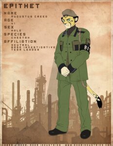 Rating: Safe Score: 0 Tags: 2008 >:| anthro armband beret cheetah clothing e621 english_text epithet felid feline green_eyes hat headgear headwear j_axer male mammal military military_uniform solo spots tail text uniform User: bunchy7s