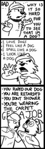 Rating: Safe Score: 0 Tags: ableist_slur angry anthro black_and_white canid canine canis clothing collar comic costume dialogue domestic_dog duo e621 english_text fursecution fursuit hat headgear headwear hi_res human male male_human mammal monochrome one_page_comic species_in_dialogue text the_truth three_frame_image tirrel User: bunchy7s