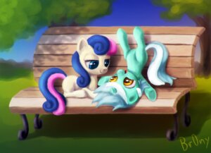 Rating: Safe Score: 0 Tags: bench bonbon_(mlp) br0ny detailed detailed_background duo e621 earth_pony equid equine female feral friendship_is_magic grass hair happy hasbro horn horse lyra_heartstrings_(mlp) mammal multicolored_hair my_little_pony mythological_creature mythological_equine mythology on_bench outside park plant pony quadruped smile sunny tail toony tree two_tone_hair unicorn upside_down User: bunchy7s