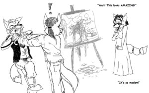 Rating: Safe Score: 0 Tags: activity_book anthro artist bodily_fluids canid canine canis college creating_art e621 exclamation_point female fox fox_mccloud fredryk_phox fur group hair krystal_(star_fox) male mammal monochrome nintendo paintchat painting_(object) school simple_background star_fox star_fox_crashes_the_art_party tail vomit white_background wolf User: bunchy7s