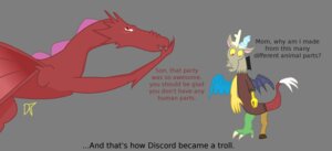 Rating: Safe Score: 0 Tags: 2011 alpha_channel blue_body blue_feathers chimera dialogue diegotan discord_(mlp) draconequus dragon duo e621 english_text fan_character feathered_wings feathers friendship_is_magic hasbro hi_res male membrane_(anatomy) membranous_wings my_little_pony mythological_creature mythological_scalie mythology red_body red_eyes scalie tail text url wings User: bunchy7s