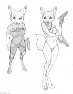 Rating: Questionable Score: 0 Tags: anthro canid canine clothed clothing coonkun digitigrade e621 ear_piercing female fox greyscale gun handgun mammal monochrome nipples piercing pistol ranged_weapon simple_background sketch solo tail topless underwear vala weapon white_background User: bunchy7s