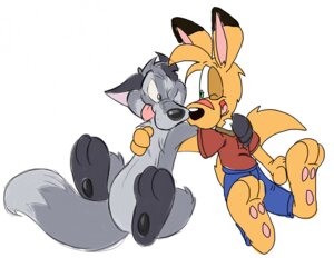 Rating: Safe Score: 0 Tags: anthro canid canine canis clothed clothing dingoroo duo e621 feet happy hindpaw kangaroo kyroo_harper macropod male mammal marsupial one_eye_closed paws side_hug simple_background tail toony white_background wink wolf User: bunchy7s