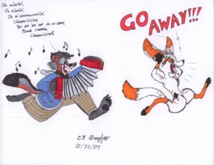 Rating: Safe Score: 0 Tags: 2009 accordion anthro canid canine clementine_fox concertina cw_greyfox dialogue duo e621 english_text female fox humor male mammal musical_instrument musical_note musical_symbol running simple_background singing symbol tail text white_background User: bunchy7s