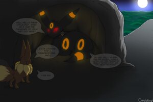 Rating: Safe Score: 0 Tags: ambiguous_gender andromorph_(lore) black_body black_fur brown_body brown_fur candyfoxy canid canine cave collar dialogue digital_media_(artwork) duo e621 eevee eeveelution english_text feral fur generation_1_pokemon generation_2_pokemon mammal moon night nintendo pokemon pokemon_(species) red_eyes shaded text umbreon User: bunchy7s