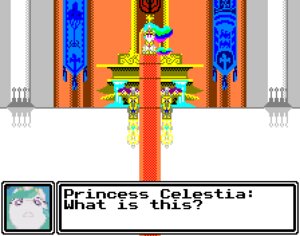Rating: Safe Score: 0 Tags: 8-bit 8-bit_graphics chair e621 english_text equid equine female feral friendship_is_magic furniture group hasbro horse low_res mammal my_little_pony pony princess princess_celestia_(mlp) royal_guard_(mlp) royalty text throne voaxmasterspydre User: bunchy7s