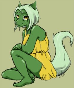 Rating: Safe Score: 0 Tags: anthro biped canid canine canis clothing dress e621 female fleufy fur green_body green_fur hair mammal short_hair sitting solo wolf yellow_clothing yellow_dress yellow_eyes User: bunchy7s